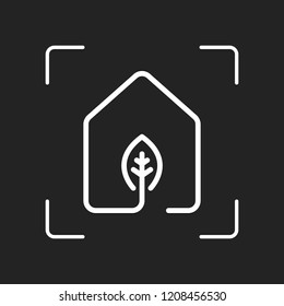 house with eco leaf icon. line style. White object in camera autofocus on dark background