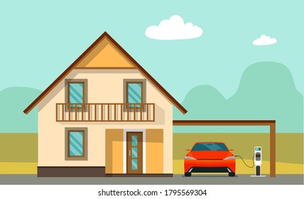 House and electric car on charging against the background of an abstract landscape. Vector illustration.