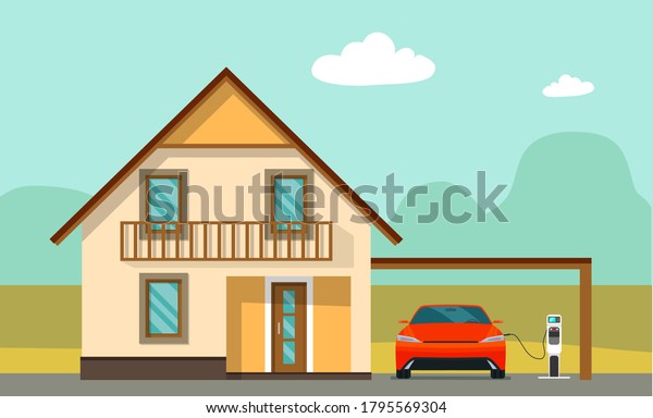 House and electric car on\
charging against the background of an abstract landscape. Vector\
illustration.