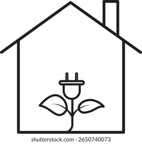 Haus mit Elektro-Stecker und Blatt-Symbol für grünes Zuhause, nachhaltiges Wohnen und erneuerbare Energie leben auf transparentem Hintergrund