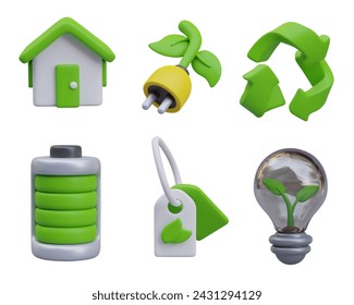 House, electric plug with stem and leaves, recycling sign, battery, organic tag, light bulb