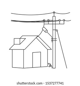 House and electric pole illustration. Outline thin line. 