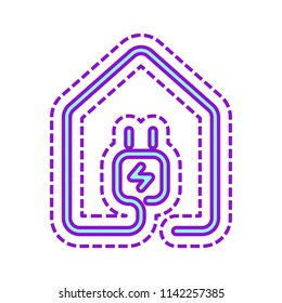 house with electric power plug icon. line style. Colored sketch with dotted border on white background