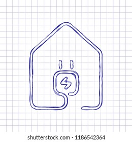 house with electric power plug icon. line style. Hand drawn picture on paper sheet. Blue ink, outline sketch style. Doodle on checkered background