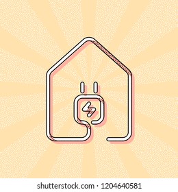 house with electric power plug icon. line style. Vintage retro typography with offset printing effect. Dots poster with comics pop art background