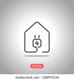 house with electric power plug icon. line style. Icon under spotlight. Gray background