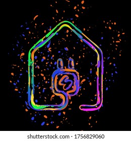 casa con icono de enchufe eléctrico. estilo de línea. Tinta coloreada con salpicaduras en fondo negro