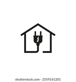 House and electrical power plug with cord. Home with socket. Electricity repair and maintenance services.