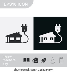 House with electricity plug flat black and white vector icon.