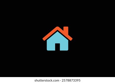 house element icon logo for property business with a red brick roof and blue walls with a black background