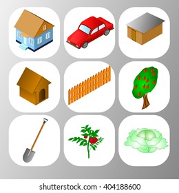 House and elements of the farm and life.Isolated elements for create free design. Life in the village. Farm decorative icon set.  Vector Illustration 