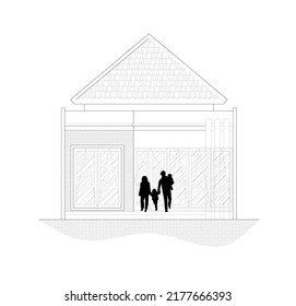 house elevation sketch or front view of the house and family silhouette