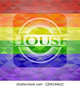 House emblem on mosaic background with the colors of the LGBT flag