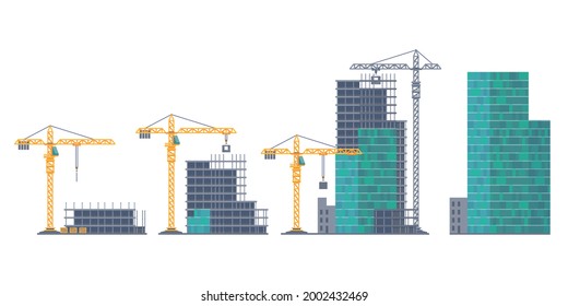 Emergencia en la casa. Etapas de construcción. Inmueble inconclusos y grúas. Desarrollo de viviendas a partir de construcciones de marcos y paneles de hormigón. Proceso de creación de rascacielos. Ilustración del vector