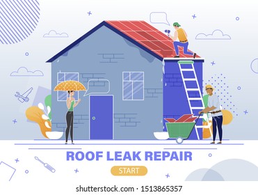 House Emergency Repair Service Flat Vector Web Banner, Landing Page With Female House Owner, Construction Company Client, Woman Waiting For Roof Leaking Repair Finishing By Workers Team Illustration