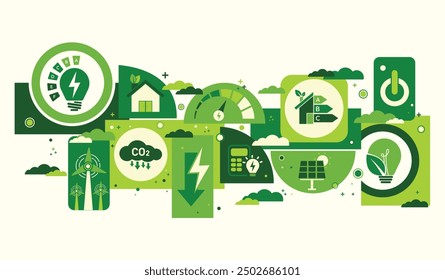 Guardar Eficiencia energética de la casa, concepto de clase de clasificación de eficiencia energética, renovación ecológica del hogar. Casa ecológica de bajo consumo. Concepto de Edificio Verde para el Desarrollo Sostenible