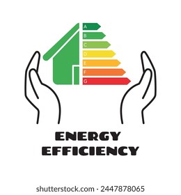 Haus mit Energieeffizienz-Symbol zwischen den Händen. Energieeffizienzklasse. Speichern Energiekonzept
