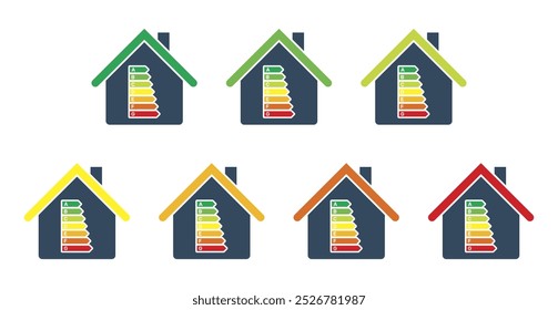 Clasificación de eficiencia energética de la casa, clases ecológicas de la Unión Europea de verde a rojo G, conjunto de iconos vectoriales