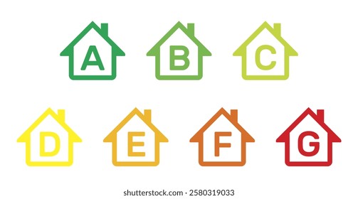 house energy efficiency rating, european union ecological classes from green a to red g, outline vector icons set