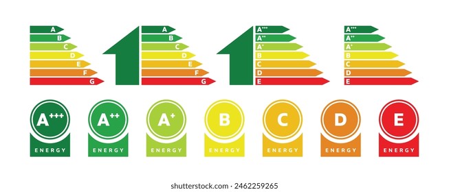 House energy efficient rating class chart vector icon set. home machine electricity consumption label symbol. bulb or refrigerator electricity efficiency classification graph pictogram.