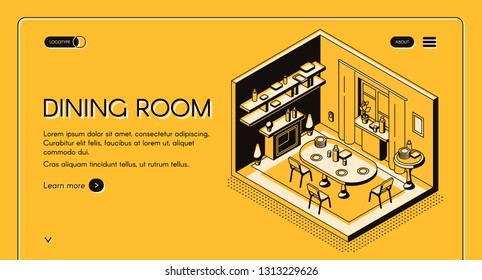 House engineering and construction company isometric vector web banner, landing page. Dining room cross section interior with chairs, dining table, fireplace and curtained window line art illustration