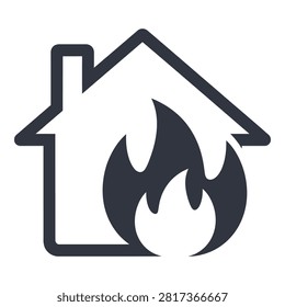 A house engulfed in flames, a burning building symbol or icon, representing danger and emergency