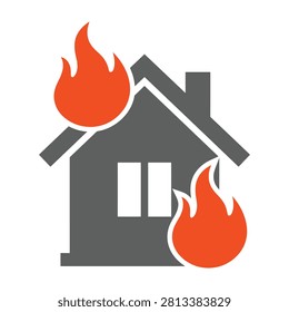 A house engulfed in flames, burning outside with orange fire and smoke rising