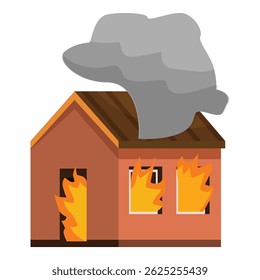 Casa envolta em chamas com fumaça ondulando, retratando um incêndio destrutivo
