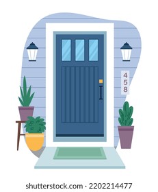 House entrance concept. Beautiful iron door or entrance to apartment decorated with potted plants, lighting fixtures and rug. Exterior or facade. Cartoon flat vector illustration on white background