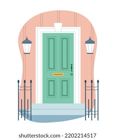 House entrance concept. Green door to apartment with opening for letters and envelopes. Doorway with stairs and railings. Architecture or Facade. Cartoon flat vector illustration on white background