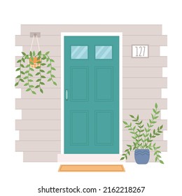 House Entrance Decorated With Potted Plants. Closed Front Door To Apartment. Vector Illustration