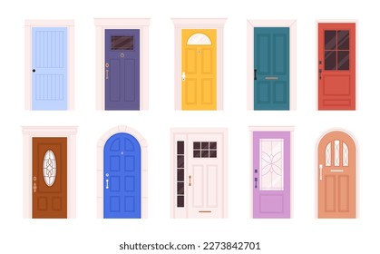 House entrance different doors. Color door flat style, home entry decor with windows and doorknob. Outside design, renovation racy vector collection