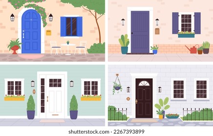 House entrance exterior, wooden doors and plants. Outside wall apartment, residential elegant entry. Flat home front door and windows racy vector scenes