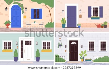 House entrance exterior, wooden doors and plants. Outside wall apartment, residential elegant entry. Flat home front door and windows racy vector scenes