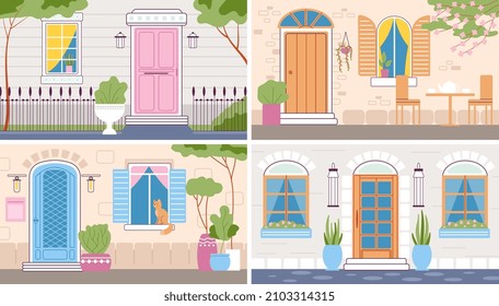 House entrance. Facade illustration, doors and windows in house brick walls. City and country houses exterior, cute street. Buildings, architecture decent vector banner