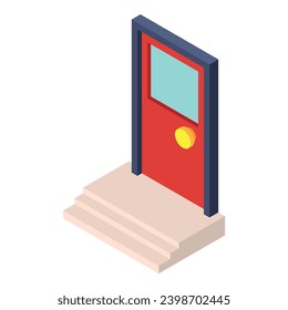 House entrance icon isometric vector. Bright red entrance door with threshold. Exterior, construction and repair concept