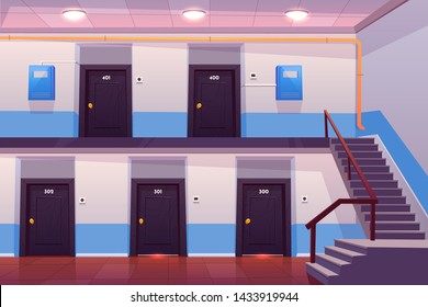 House Entrance Interior, Empty Hallway Or Corridor With Numbered Doors, Stairs, Tiled Floor And Electric Meter Boxes On Wall, Cross Section View, Apartments In Condominium. Cartoon Vector Illustration