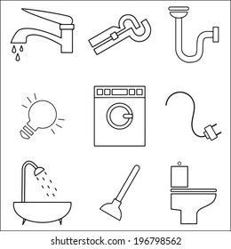 House equipment collection, black line icons set, living conditions, isolated vector objects