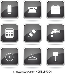 House Equipments Square Vector Black Button Icon Design Set