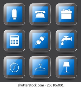 House Equipments Square Vector Blue Icon Design Set