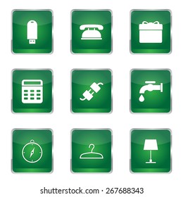 House Equipments Square Vector Green Icon Design Set