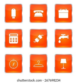 House Equipments Square Vector Orange Icon Design Set