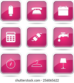 House Equipments Square Vector Pink Icon Design Set