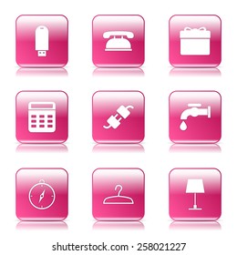 House Equipments Square Vector Pink Icon Design Set