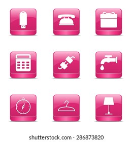 House Equipments Square Vector Pink Icon Design Set