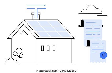 Uma casa equipada com painéis solares com setas indicando o fluxo de energia e uma nuvem com dois documentos representando faturas. Ideal para energia renovável, sustentabilidade, vida ecológica, energia