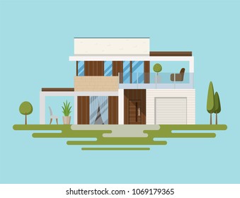 House in European style. Concept of a modern country cottage. Vector illustration of a big beautiful house on a blue background.