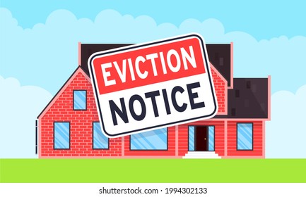 House eviction notice legal document icon sign sticker on the house building vector illustration flat style design. Notice to vacate form eviction credit debt real estate business concept.