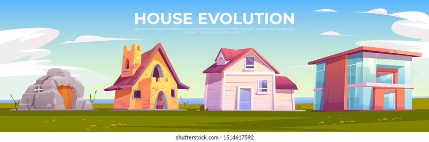 House evolution architecture. Dwellings time line from ancient stone construction to modern cottage front view on summer nature background. Housing technology progress. Cartoon vector illustration