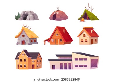 House evolution. Building architecture time progress prehistoric stone cave to modern cottage villa home historical age housing antique rural hut cartoon swanky vector illustration original artwork